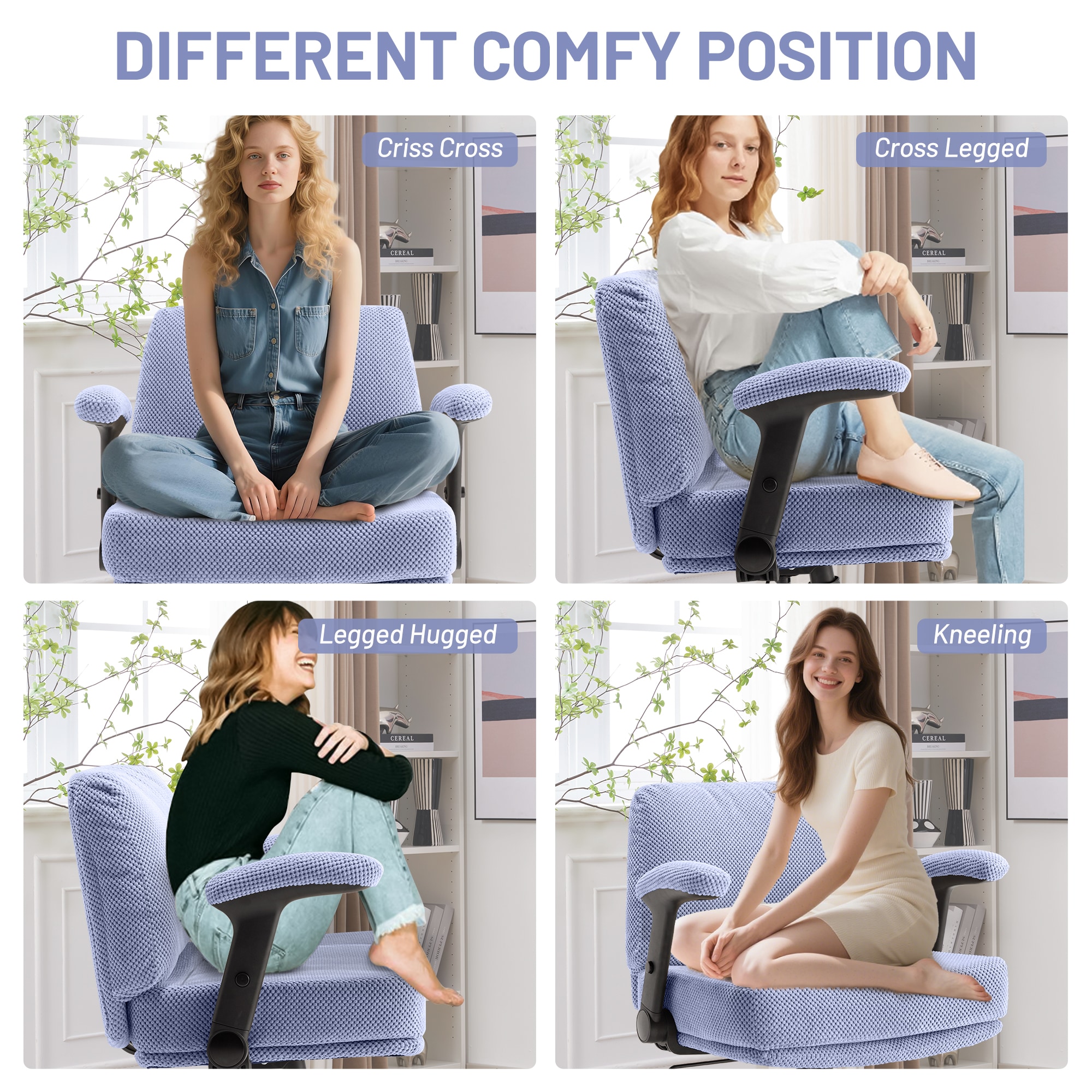 Criss Cross Chair With Wheels And Flip Arms- Comfy Fabric Cross Legged Office Chair With Thick Cushion&Wide Seat, Adjustable Swivel Desk Chair For Home Office, Apartment, Bedroom_voghion.com